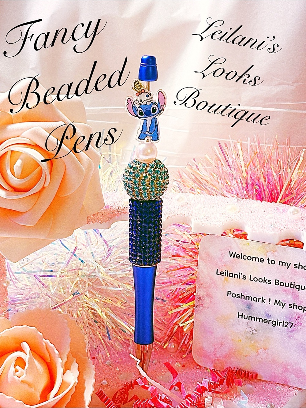 Blue Beaded Fancy Pen with Stitch Charm/ Fancy beaded Pen/gifts